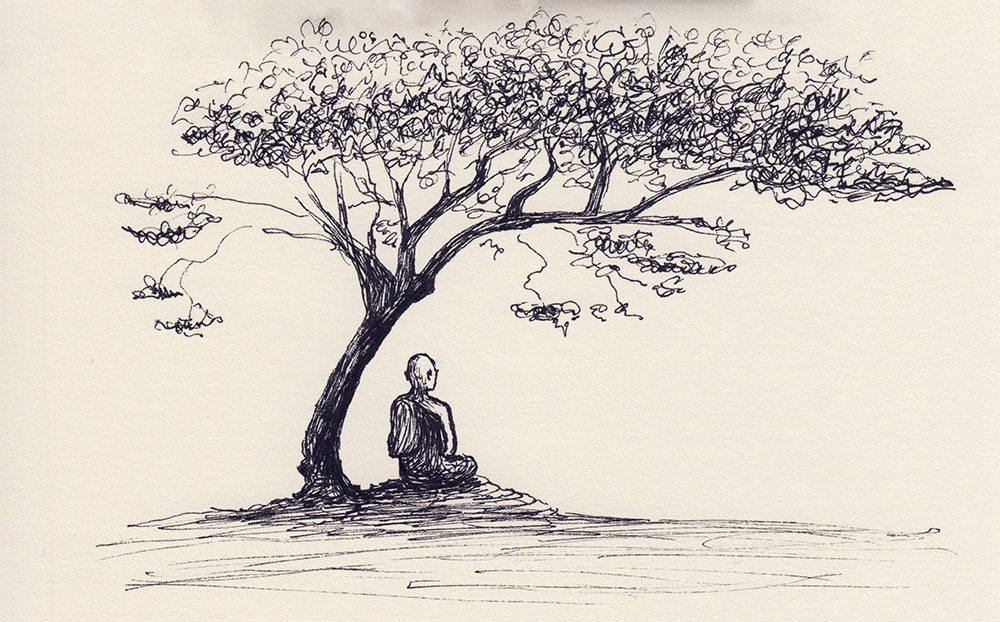 Ink pen drawing with Buddhist monk sitting under the tree. Hand