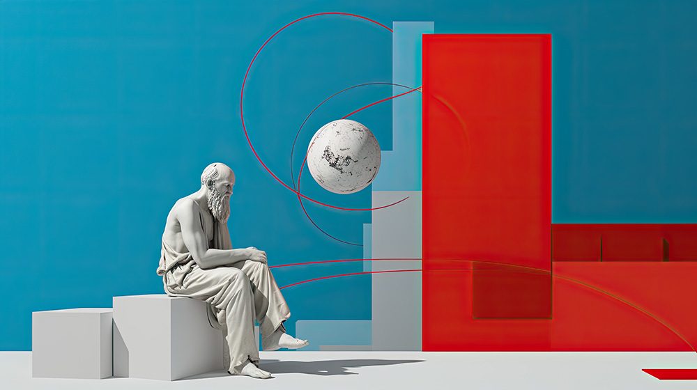 Platon mit einer schwebenden Kugel in einem modernen Gemälde