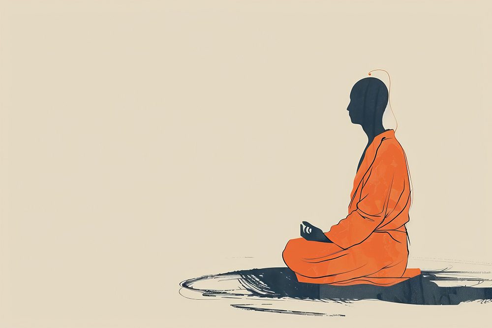 Buddhistischer Mönch mit oranger Robe sitzt in der Meditation